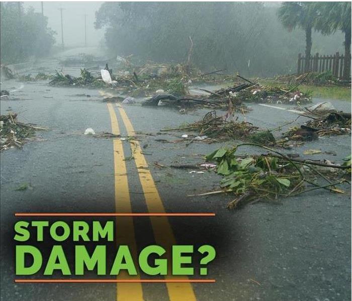 A road is shown with the words storm damage?