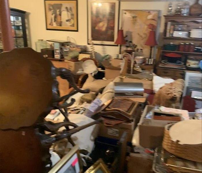 Contents throughout a flooded basement